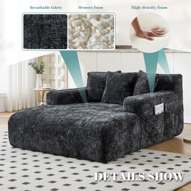 Chenille Interior Lazy Sofa Chaise Lounge Armchair with Three Pillows and Armrests, Black, Soft Chenille, 61.42x48.43x27.95 inches-海智集-Default-