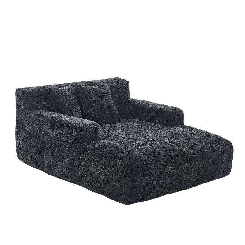 Chenille Interior Lazy Sofa Chaise Lounge Armchair with Three Pillows and Armrests, Black, Soft Chenille, 61.42x48.43x27.95 inches-海智集-Default-