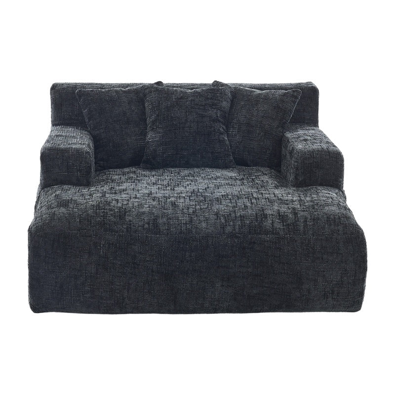 Chenille Interior Lazy Sofa Chaise Lounge Armchair with Three Pillows and Armrests, Black, Soft Chenille, 61.42x48.43x27.95 inches-海智集-Default-