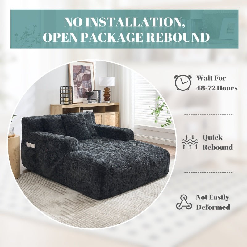 Chenille Interior Lazy Sofa Chaise Lounge Armchair with Three Pillows and Armrests, Black, Soft Chenille, 61.42x48.43x27.95 inches-海智集-Default-