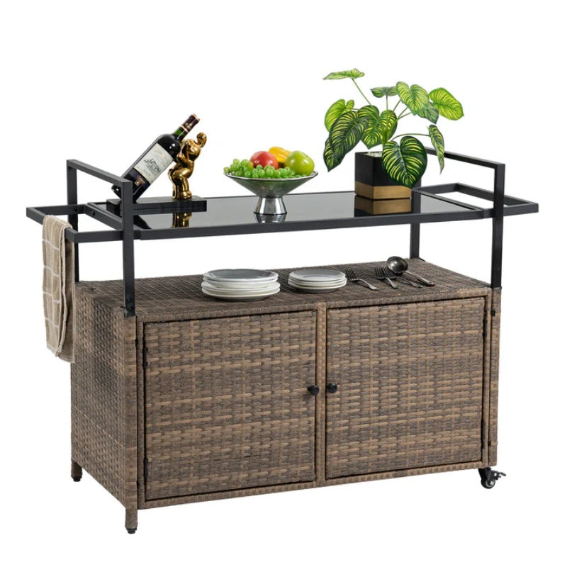 Outdoor Wicker Bar Cart, Patio Wine Serving Cart w/Wheels , Rolling Rattan Beverage Bar Counter Table w/Glass Top for Porch Backyard Garden Poolside Party, Light brown-海智集-Default-