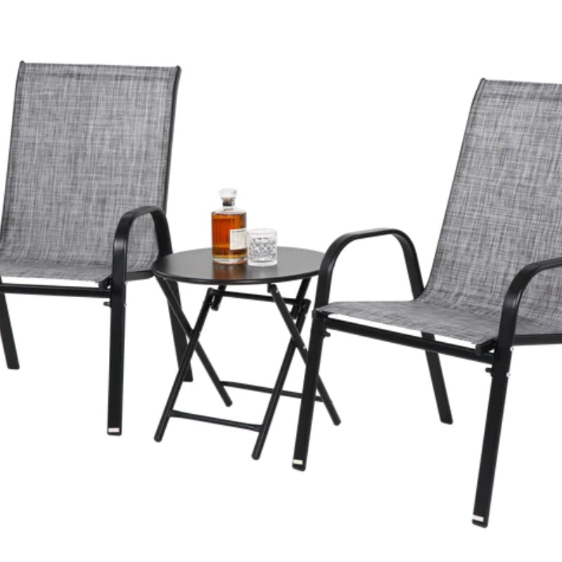 3 Piece Patio set, Outdoor Camping Chairs with Breathable Textilene Fabric, folding table with steel table top, 2chairs and 1table set ( Grey)-海智集-Default-