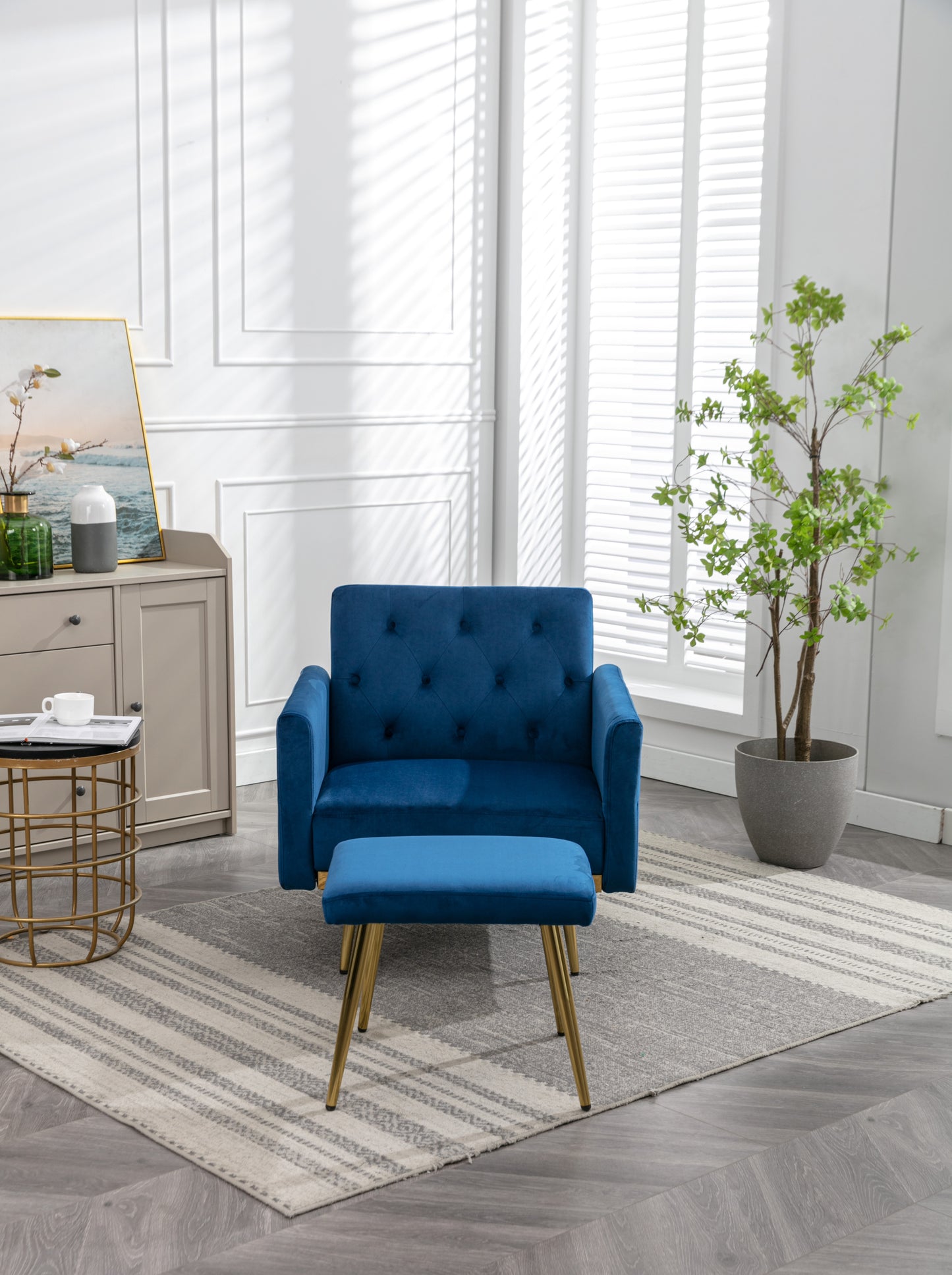 COOLMORE Velvet Accent Chair with Adjustable Armrests and Backrest, Button Tufted Lounge Chair, Single Recliner Armchair with Ottoman-海智集-Default-