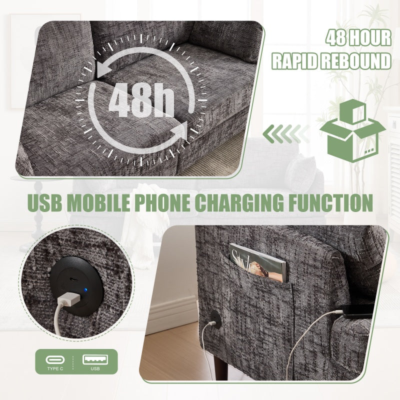 Modern Style Chenille 2-Seater Sofa with LED Light, USB Port, and Storage Bag in Gray-海智集-Default-