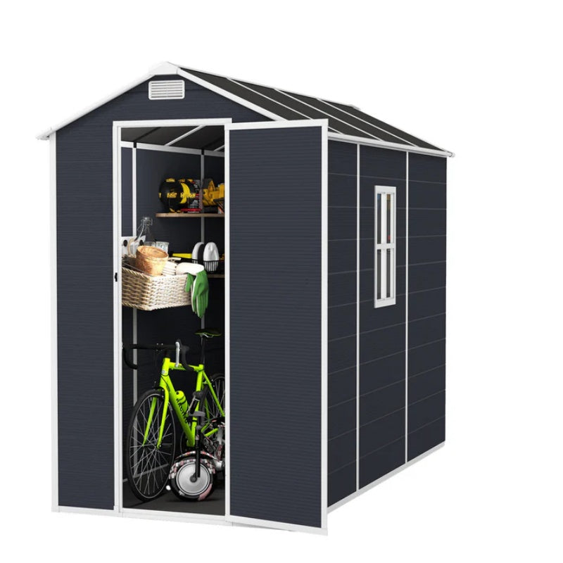 Campcraft 4*8ft resin storage shed, high quality pp material, strong structure, waterproof, rust and UV proof, large storage space, 12mm thick pp board, HD window lighting Dark gray-海智集-Default-