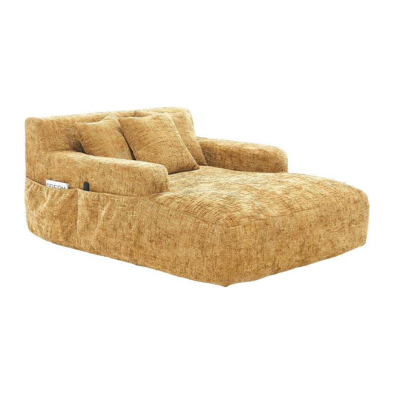 Chenille Interior Lazy Sofa Chaise Longue with Armrests and Three Pillows, Yellow, 61.42 x 48.43 x 27.95 inches-海智集-Default-