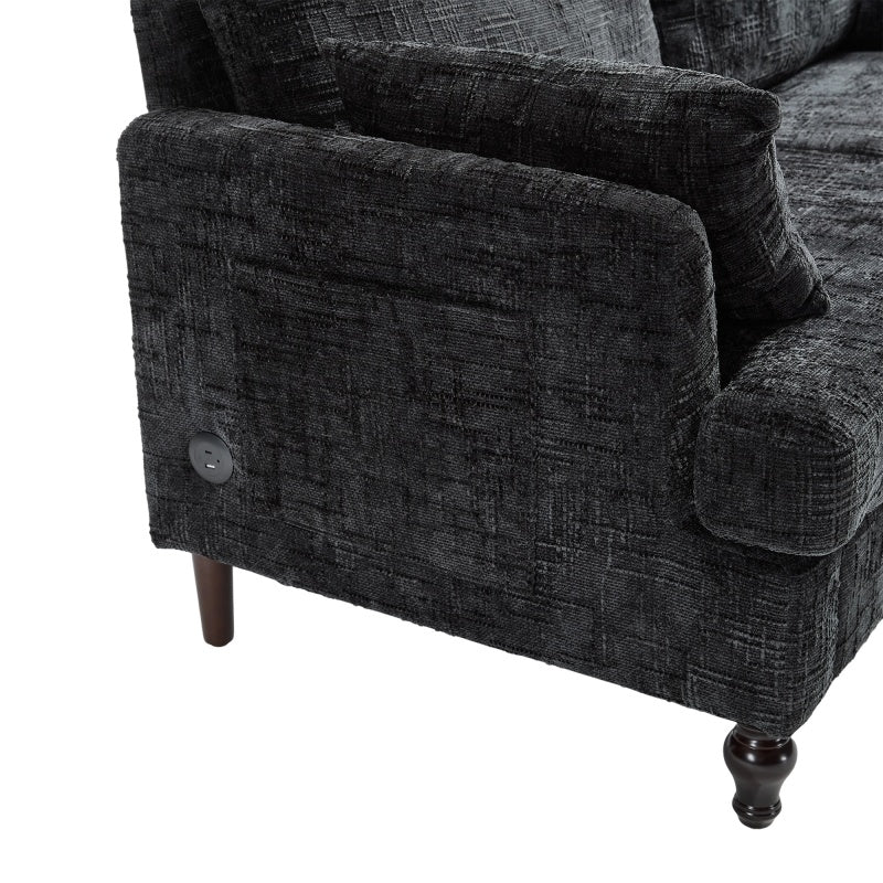 Modern Style Chenille 2-Seater Sofa with LED Light, USB Port and Storage Bag in Black-海智集-Default-