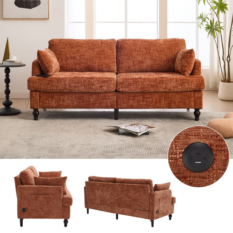Modern Style Chenille 2-Seater Sofa with LED Light, USB Charging Port & Storage Bag in Orange-海智集-Default-
