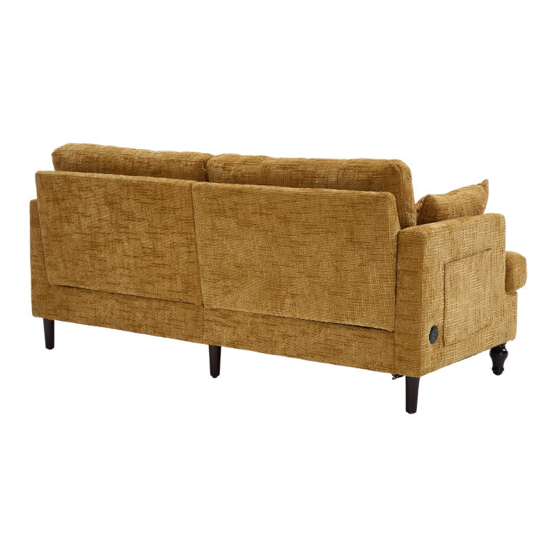 Modern Style Chenille 2-Seater Sofa with LED Light, USB Port & Storage Bag, Mustard Yellow, Rubber Wood Legs-海智集-Default-