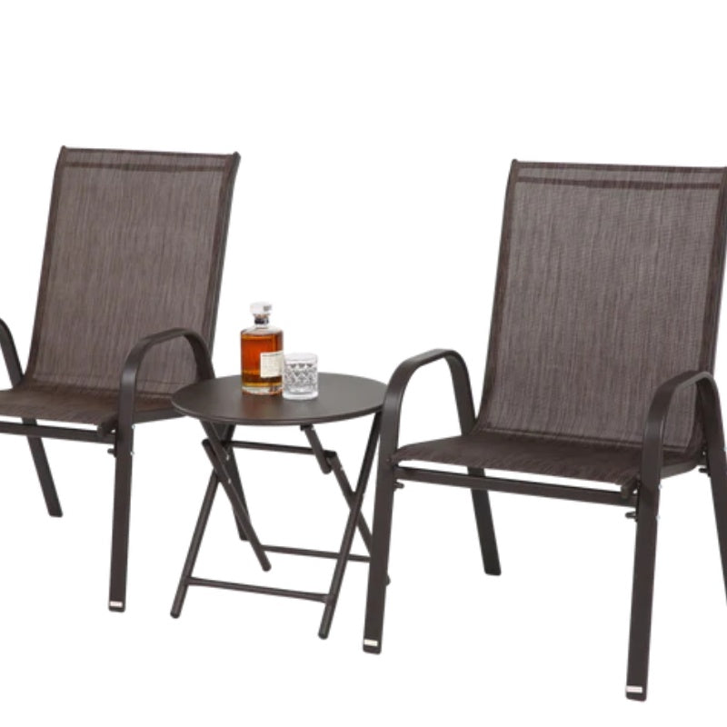 3 Piece Patio set, Outdoor Camping Chairs with Breathable Textilene Fabric, folding table with steel table top, 2chairs and 1table set ( Brown)-海智集-Default-