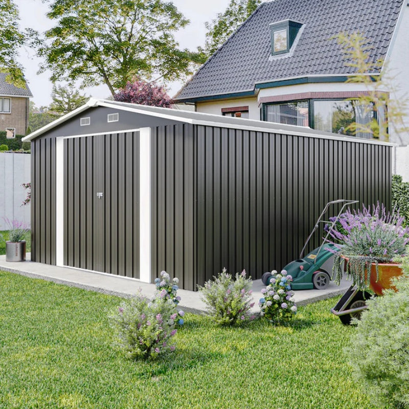 Campcraft Outdoor Storage Shed 10×14 FT with 3 Lockable Doors,Utility Tool Shed Metal Storage Garden Sheds Frame and 4 Vents,for Backyard,Patio,Lawn,dark Grey-海智集-Default-