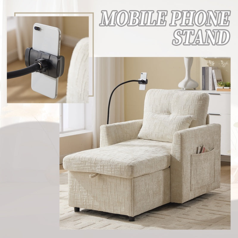 Multifunctional Lazy Person Sofa Recliner with Storage, Cell Phone Bracket, Beige Chenille, 49.21' x 32.27' x 34.25'-海智集-Default-
