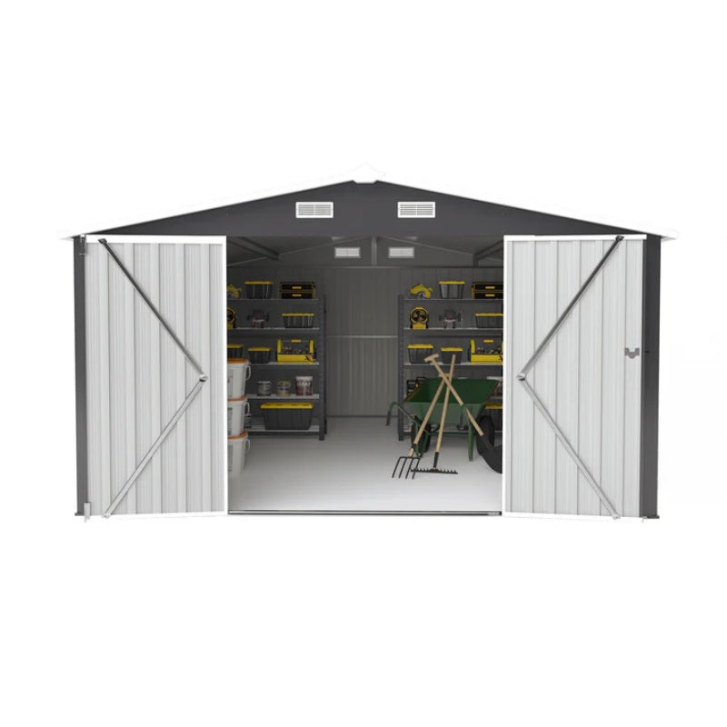 Campcraft Outdoor Storage Shed 10×14 FT with 3 Lockable Doors,Utility Tool Shed Metal Storage Garden Sheds Frame and 4 Vents,for Backyard,Patio,Lawn,dark Grey-海智集-Default-