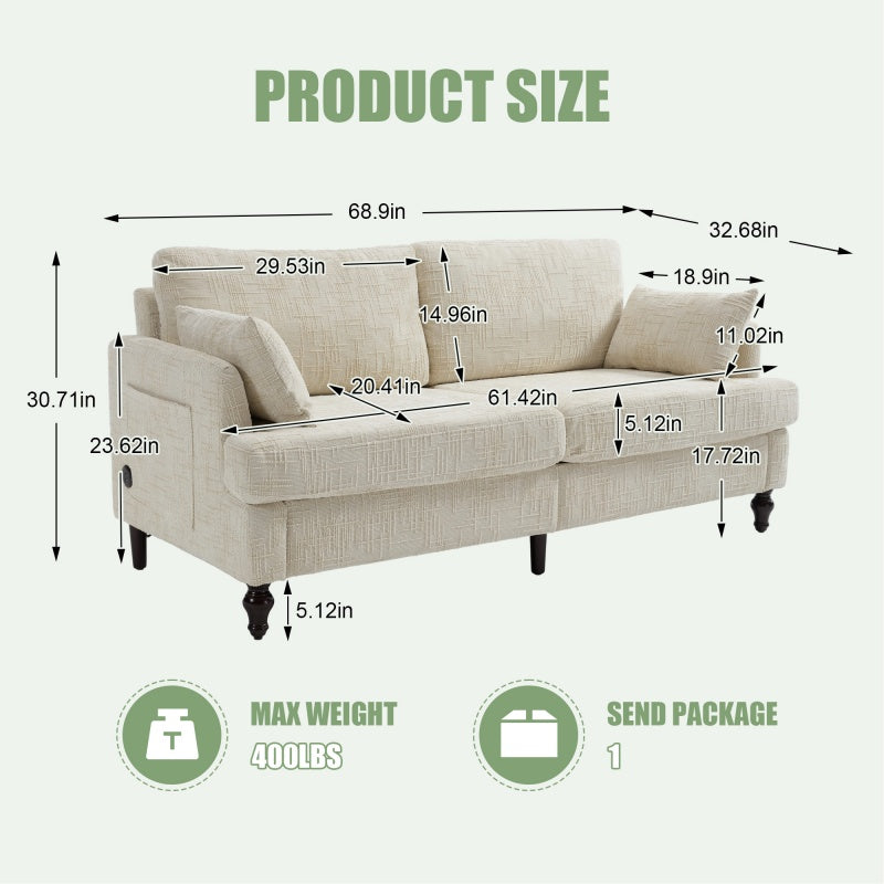 Modern Style Chenille 2-Seater Sofa with LED Light, USB Port, Storage Bag, Wood Legs-海智集-Default-
