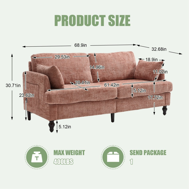 Modern Chenille 2-Seater Sofa with LED Light, USB Port, and Storage Bag in Pink-海智集-Default-