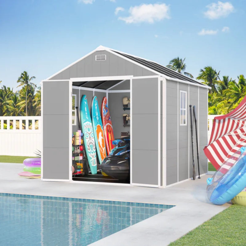 Campcraft 8*8ft resin storage shed, high quality pp material, strong structure, waterproof, rust and UV proof, large storage space, 12mm thick pp board, HD window lighting-海智集-Default-