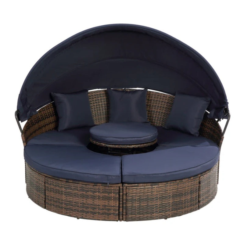 Hot Sale KD Rattan Round Lounge With Canopy Bali Canopy Bed Outdoor, Wicker Outdoor Sofa Bed with lift coffee table-海智集-Default-