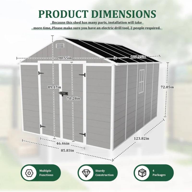Campcraft 8*10ft resin storage shed, high quality pp material, strong structure, waterproof, rust and UV proof, large storage space, 12mm thick pp board, HD window lighting-海智集-Default-