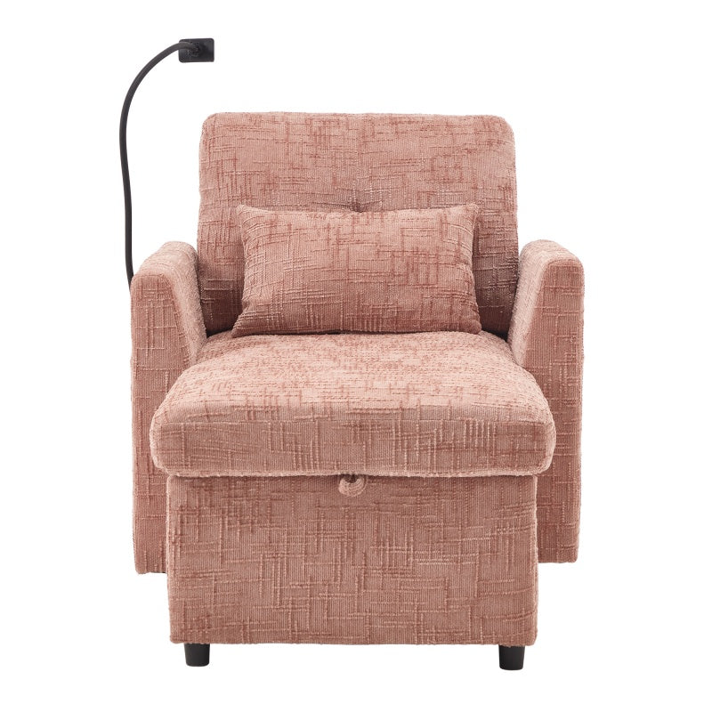 Multifunctional Lazy Person Sofa Recliner with Storage Backrest and Cell Phone Bracket in Pink Chenille for Living Room and Bedroom-海智集-Default-