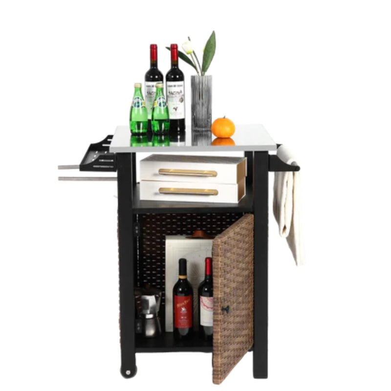 Single door bar cart,Outdoor Kitchen Wicker Island Rolling Cart & Storage Cabinet, Wheels and Stainless Steel Extended Table Top, Side Handle for Patio Kitchen or Bar Cart, Brown-海智集-Default-
