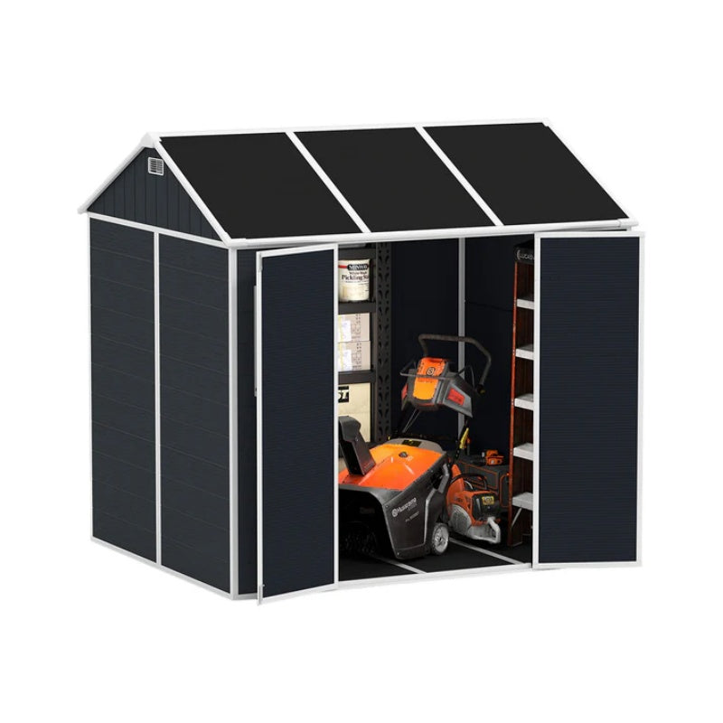 8*7ft Outdoor Storage Shed, Outdoor Resin Shed with Two-Window and Double-Door, Plastic Shed with Floor for Garden, Patio, Yard, Lawn (Dark Gray)-海智集-Default-