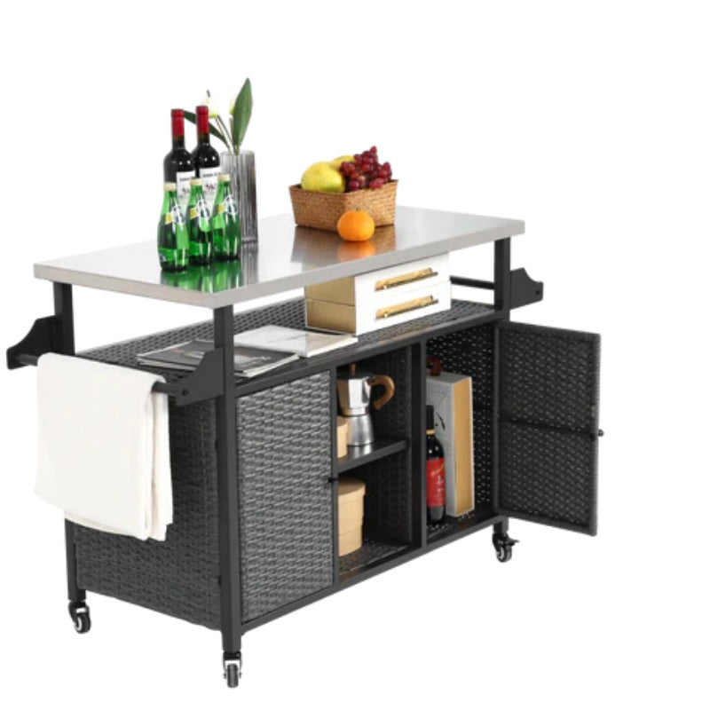 Large bar cart,Outdoor Kitchen Wicker Island Rolling Cart & Storage Cabinet, Wheels and Stainless Steel Extended Table Top, Side Handle for Patio Kitchen or Bar Cart, Grey-海智集-Default-