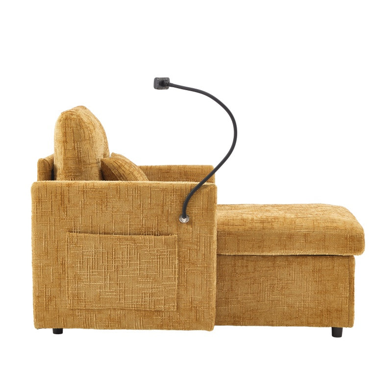 Multifunctional Lazy Sofa Recliner with Storage and Phone Bracket in Mustard Yellow Chenille for Living Room-海智集-Default-