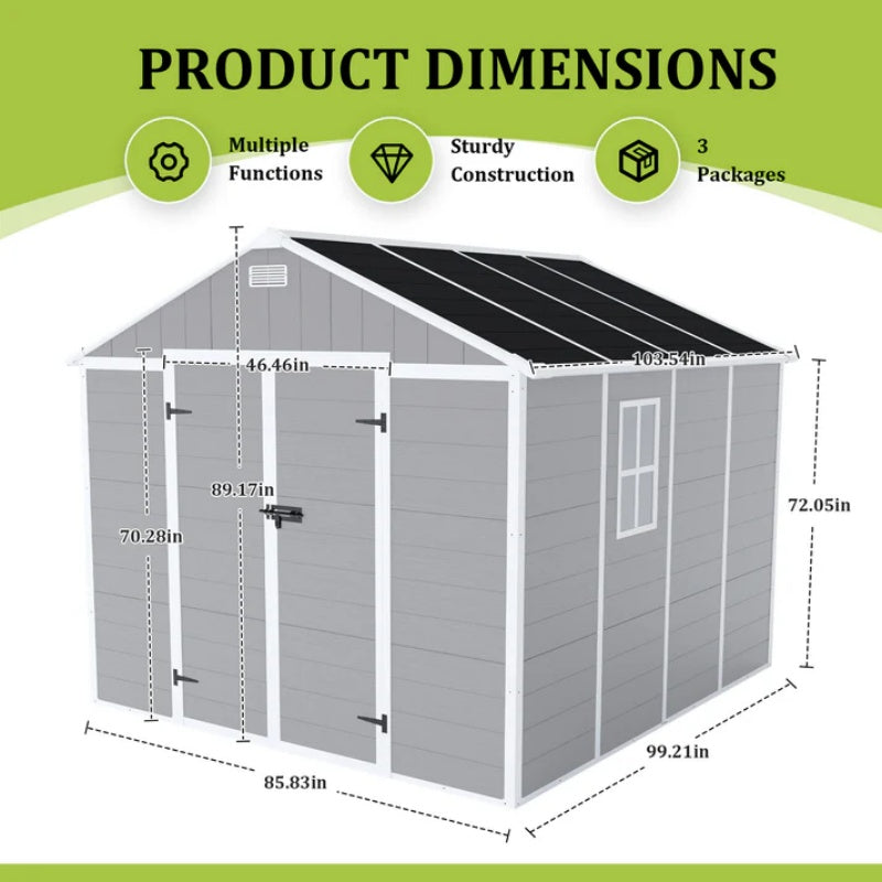 Campcraft 8*8ft resin storage shed, high quality pp material, strong structure, waterproof, rust and UV proof, large storage space, 12mm thick pp board, HD window lighting-海智集-Default-