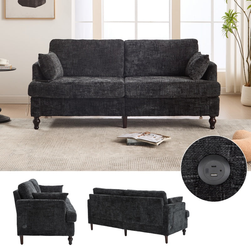 Modern Style Chenille 2-Seater Sofa with LED Light, USB Port and Storage Bag in Black-海智集-Default-