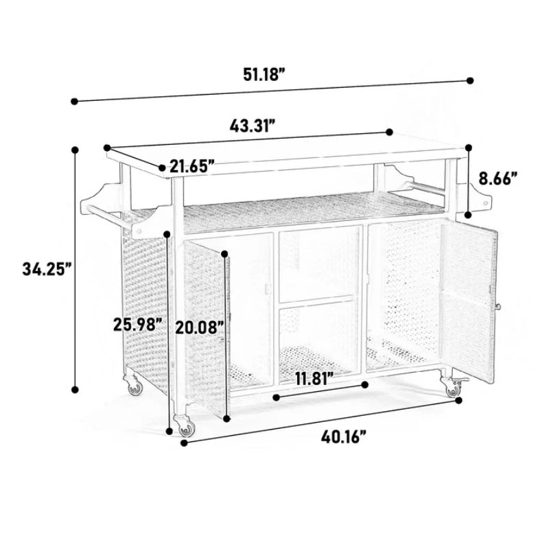 Large bar cart,Outdoor Kitchen Wicker Island Rolling Cart & Storage Cabinet, Wheels and Stainless Steel Extended Table Top, Side Handle for Patio Kitchen or Bar Cart, Grey-海智集-Default-