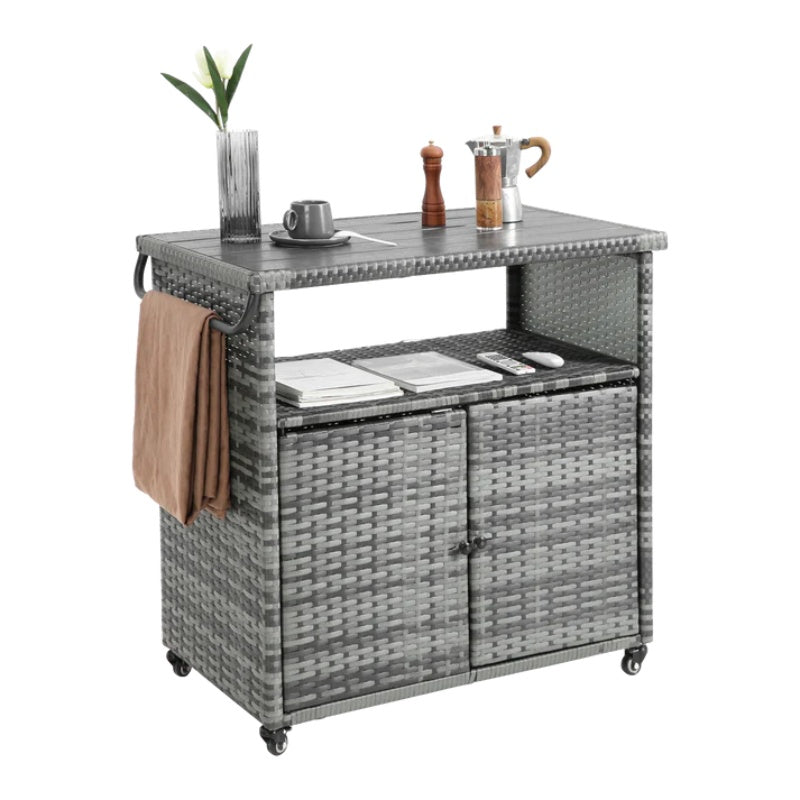 Outdoor Wicker Bar Cart, Patio Wine Serving Cart w/Wheels , Rolling Rattan Beverage Bar Counter Table w/Glass Top for Porch Backyard Garden Poolside Party, Light brown-海智集-Default-