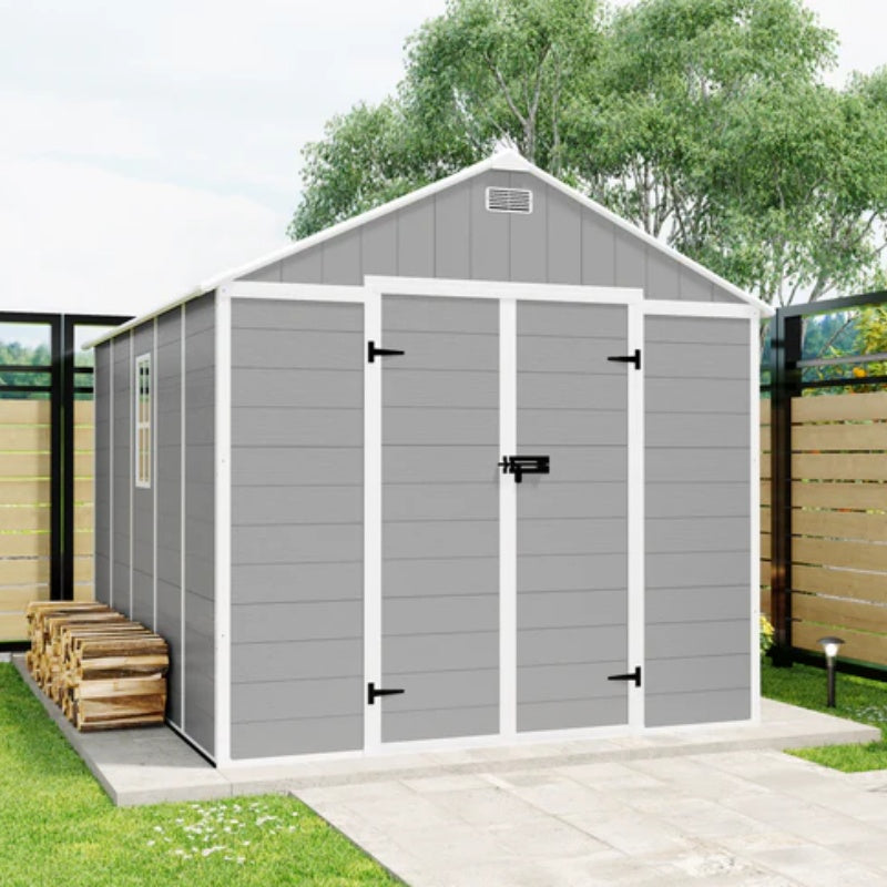 Campcraft 8*10ft resin storage shed, high quality pp material, strong structure, waterproof, rust and UV proof, large storage space, 12mm thick pp board, HD window lighting-海智集-Default-