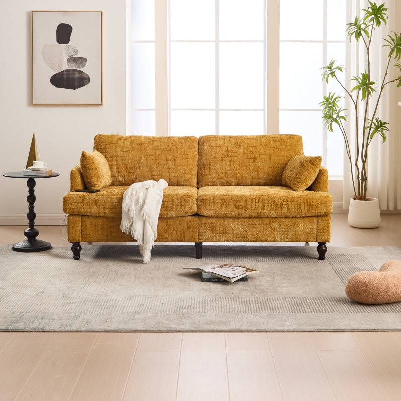 Modern Style Chenille 2-Seater Sofa with LED Light, USB Port & Storage Bag, Mustard Yellow, Rubber Wood Legs-海智集-Default-