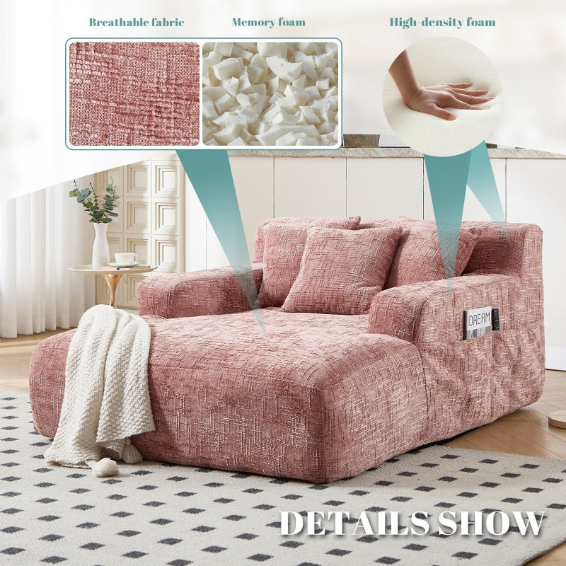 Chenille Interior Lazy Sofa Chaise Lounge Armchair with Pillows and Armrests - Pink-海智集-Default-