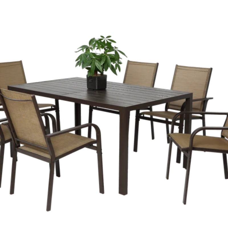 7 Pieces Patio Dining Set, Outdoor Furniture Table and 6 Textilene Chairs, Outdoor Furniture with Rectangular Table and 6 Stackable Chairs Family Conversation Set for Garden Backyard Deck-Brown-海智集-Default-