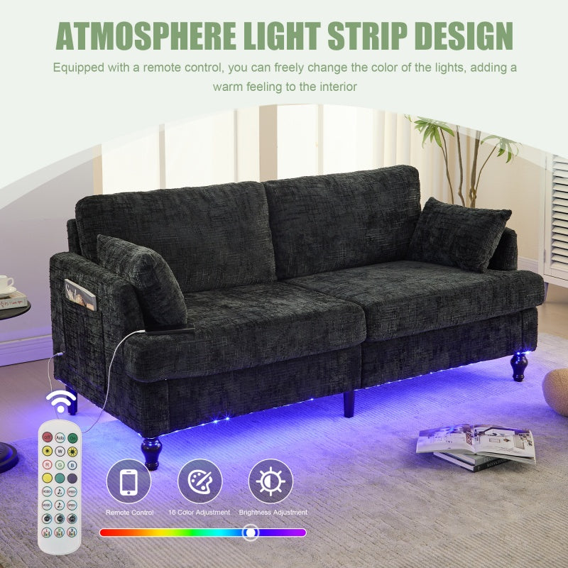 Modern Style Chenille 2-Seater Sofa with LED Light, USB Port and Storage Bag in Black-海智集-Default-