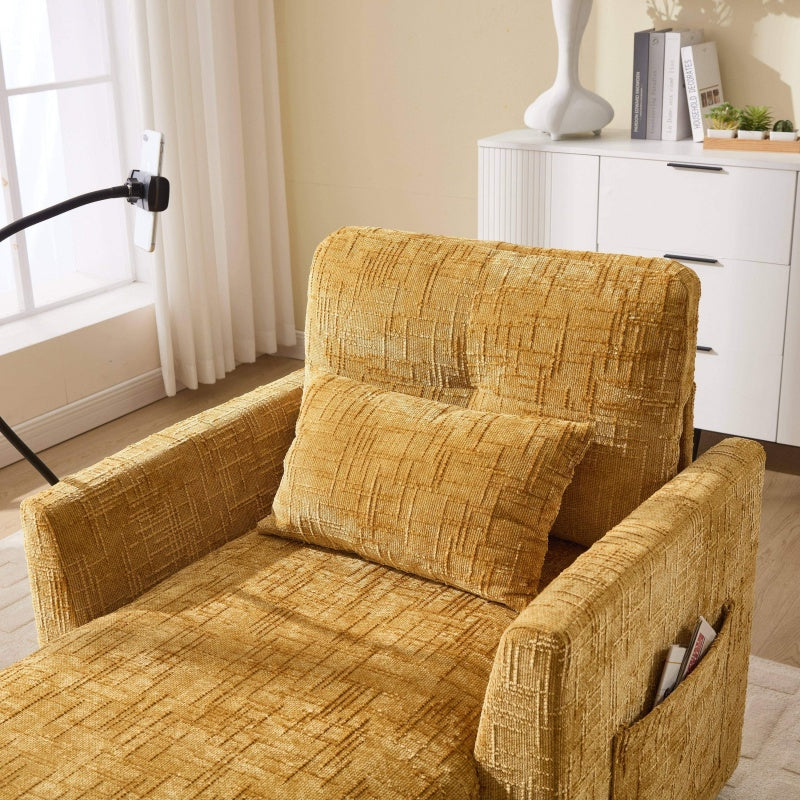 Multifunctional Lazy Sofa Recliner with Storage and Phone Bracket in Mustard Yellow Chenille for Living Room-海智集-Default-