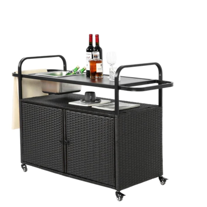 Outdoor Bar Table, Wicker Bar Cart with Cabinet, Patio Serving Cart with steel Top, with one ice bucket,Lockable Wheels, Side Basket for Garden, Poolside & Backyard, Black-海智集-Default-