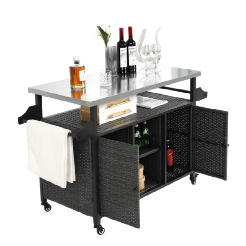 Large bar cart,Outdoor Kitchen Wicker Island Rolling Cart & Storage Cabinet, Wheels and Stainless Steel Extended Table Top, Side Handle for Patio Kitchen or Bar Cart, Grey-海智集-Default-