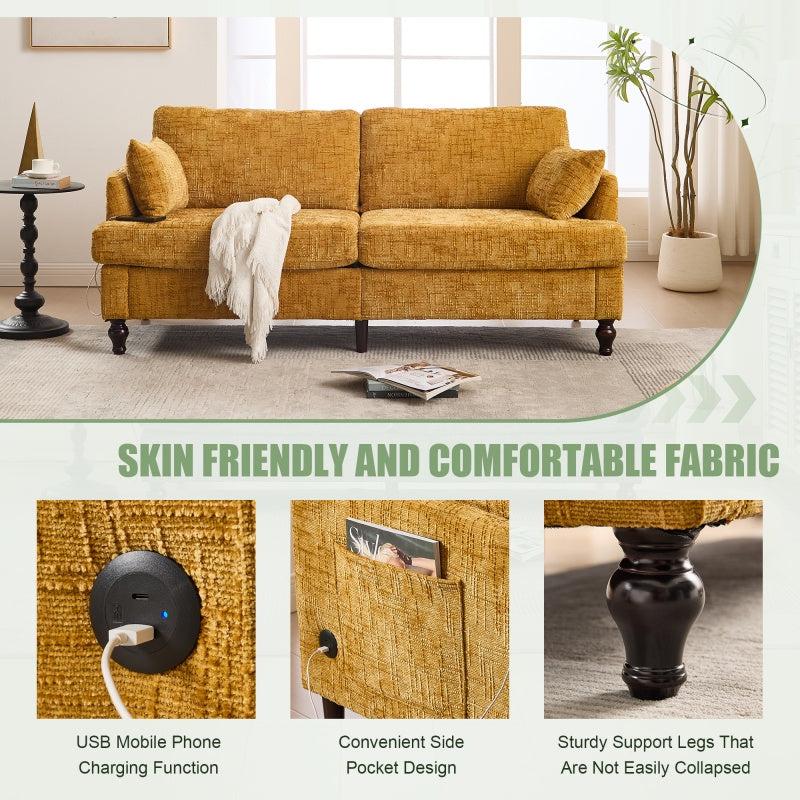 Modern Style Chenille 2-Seater Sofa with LED Light, USB Port & Storage Bag, Mustard Yellow, Rubber Wood Legs-海智集-Default-