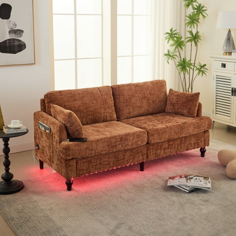Modern Style Chenille 2-Seater Sofa with LED Light, USB Charging Port & Storage Bag in Orange-海智集-Default-