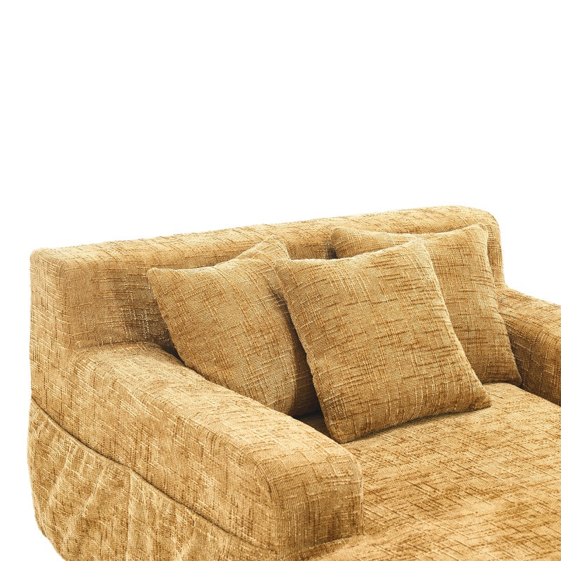 Chenille Interior Lazy Sofa Chaise Longue with Armrests and Three Pillows, Yellow, 61.42 x 48.43 x 27.95 inches-海智集-Default-