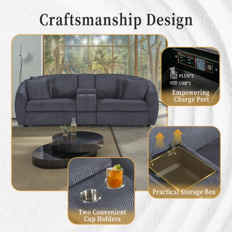 UNITED WE WIN corduroy fabric, two cup holders, storage, oversized two-seat, solid wood frame, high quality sponge filling, curved placement sofa-海智集-Default-