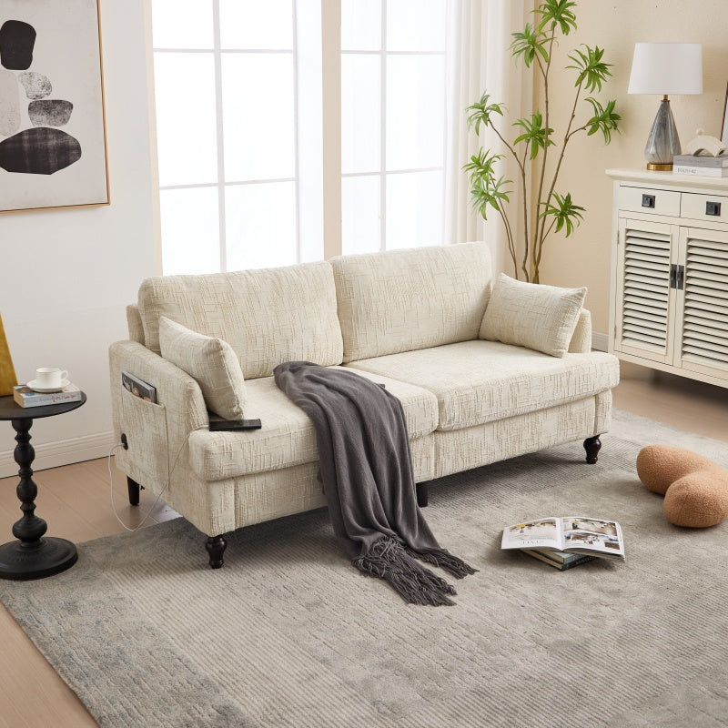 Modern Style Chenille 2-Seater Sofa with LED Light, USB Port, Storage Bag, Wood Legs-海智集-Default-