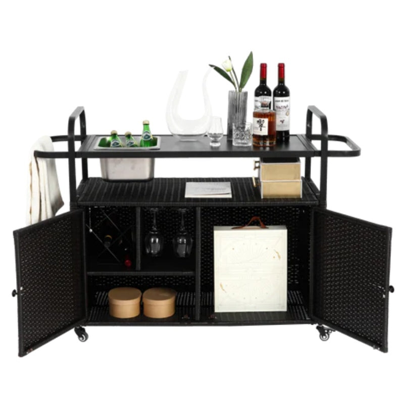 Outdoor Bar Table, Wicker Bar Cart with Cabinet, Patio Serving Cart with steel Top, with one ice bucket,Lockable Wheels, Side Basket for Garden, Poolside & Backyard, Black-海智集-Default-