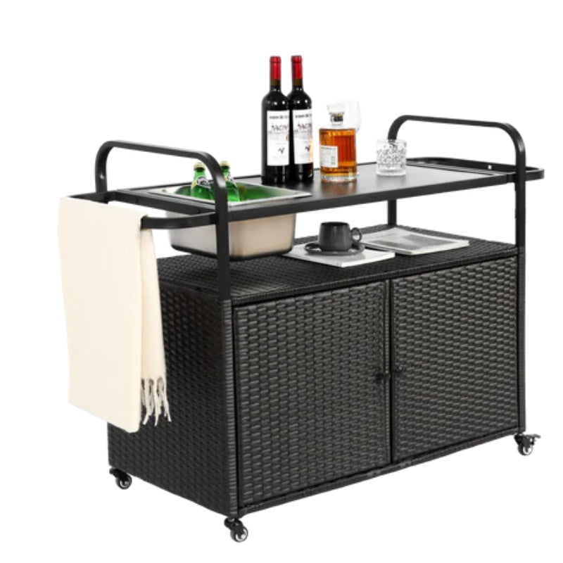 Outdoor Bar Table, Wicker Bar Cart with Cabinet, Patio Serving Cart with steel Top, with one ice bucket,Lockable Wheels, Side Basket for Garden, Poolside & Backyard, Black-海智集-Default-