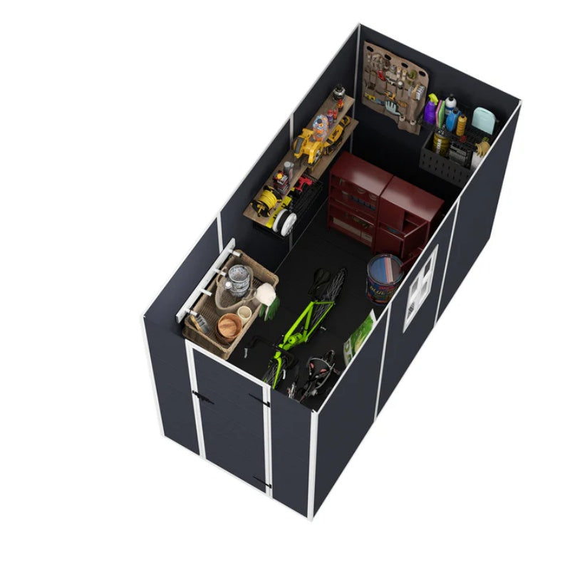 Campcraft 4*8ft resin storage shed, high quality pp material, strong structure, waterproof, rust and UV proof, large storage space, 12mm thick pp board, HD window lighting Dark gray-海智集-Default-