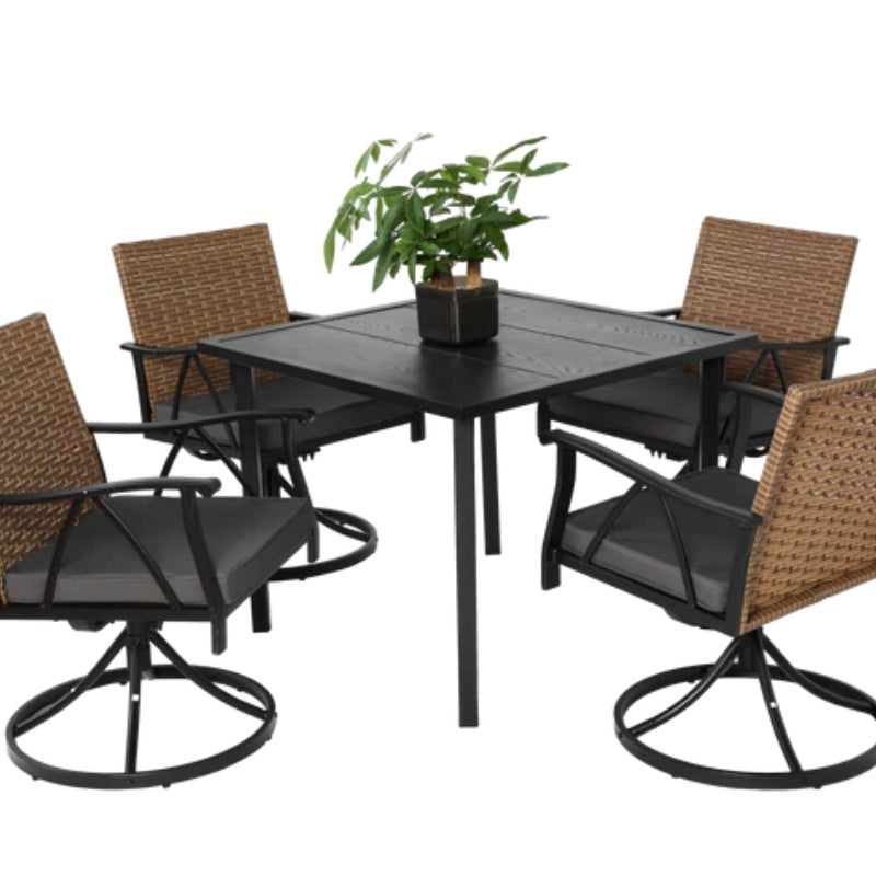 5 Piece Patio Dining Set for 4,Outdoor Wicker Furniture Set for Backyard Garden Deck Poolside with 4 Cushions Swivel Rocker Chairs,steel Table Top, Removable Cushions-海智集-Default-