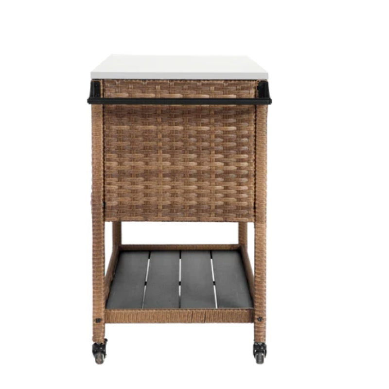 Outdoor Wicker Bar Cart, Patio Wine Serving Cart w/Wheels, Rolling Rattan Beverage Bar Counter Table w/Glass Top for Porch Backyard Garden Poolside Party, Brown-海智集-Default-