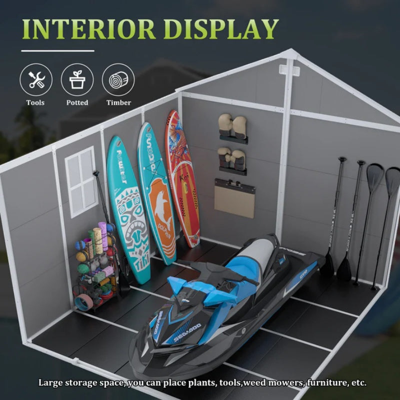 Campcraft 8*8ft resin storage shed, high quality pp material, strong structure, waterproof, rust and UV proof, large storage space, 12mm thick pp board, HD window lighting-海智集-Default-